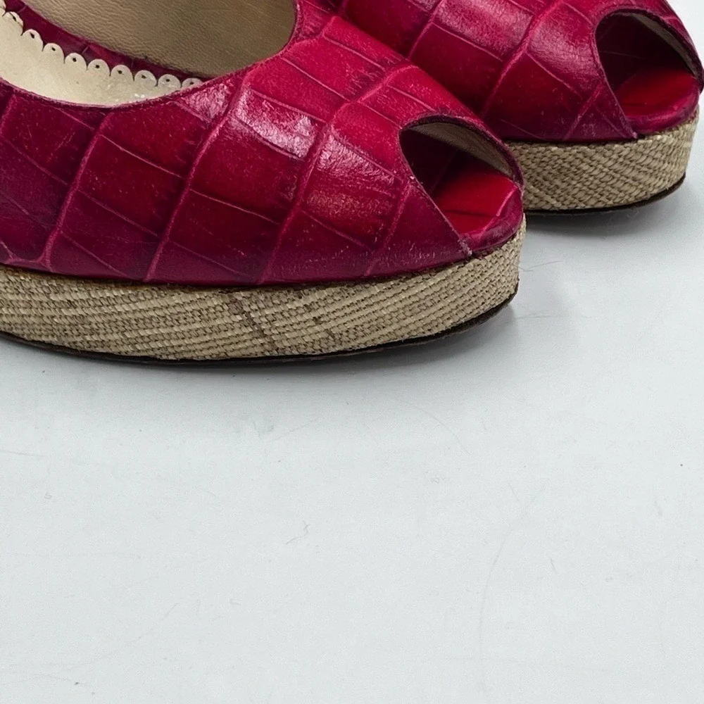Oscar‎ De LA Renta Womens Red Print Leather Peep-Toe Slingback Wedge 39.5/US 8.5